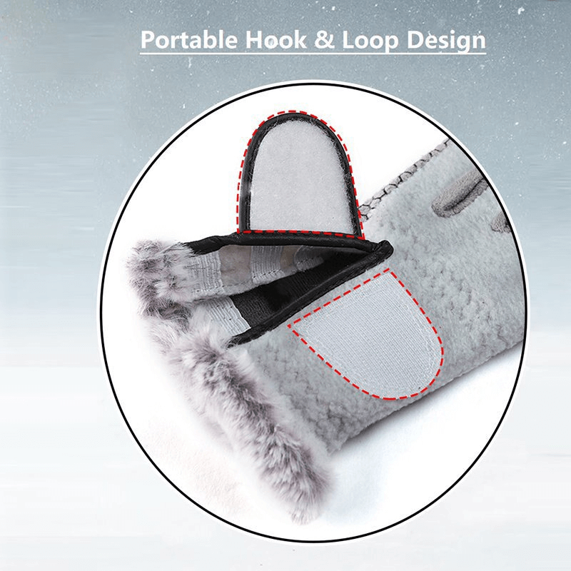 Close-up of stylish women's anti-slip warm glove with portable hook and loop design, showcasing fleece finish and grip technology.